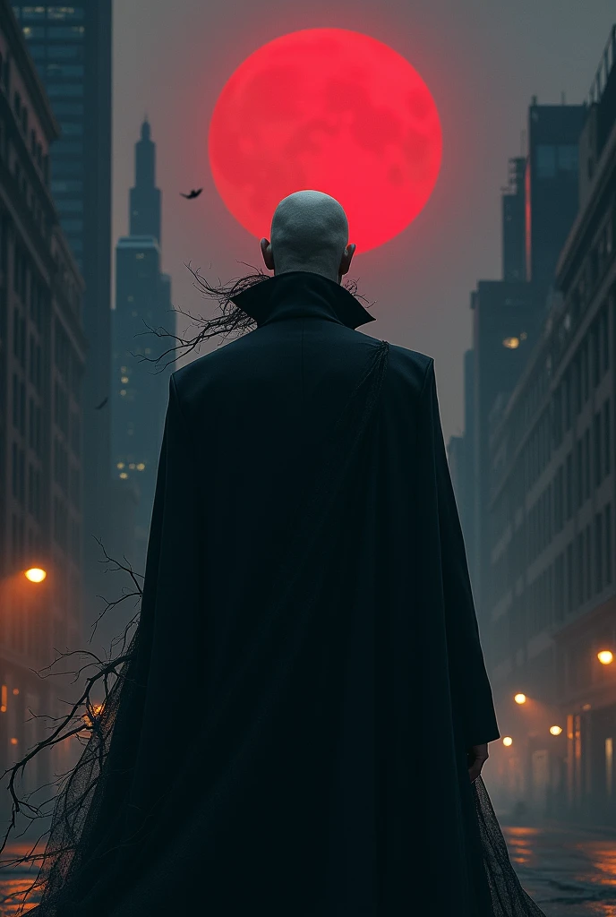 Show me a picture that illustrate a vampire turning his back into a background featuring a night city with a red moon