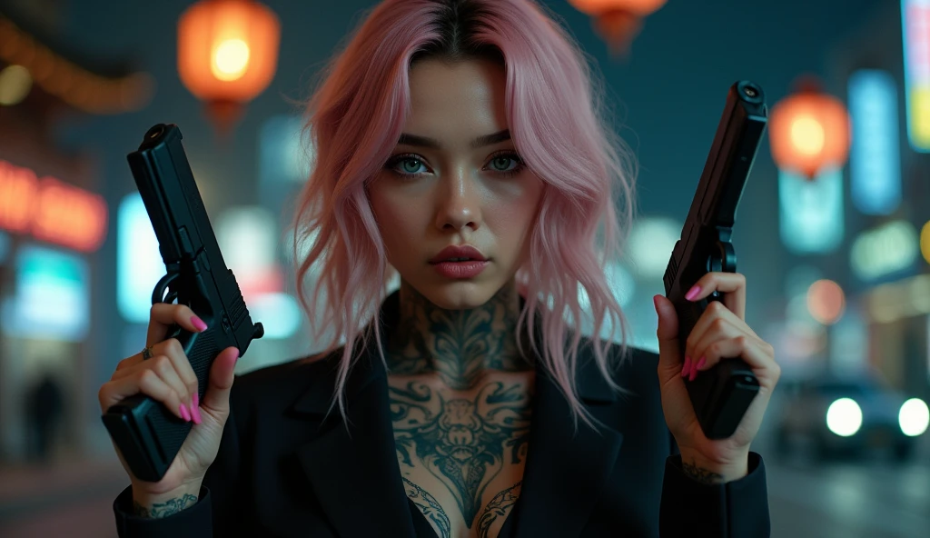 tatuados,Very beautiful big breasts、business suit、(Hold two Berettas in each hand)(Very large bust),(Many tattoos on both arms and neck)、 (Late Night in Seoul(South Korea) - A fusion of ancient palaces and modern cities),Candlelight only,Very detailed, 18-year-old, A beautiful woman,Depressed face, Pink and silver hair,Wavy Hair, blue eyes, High resolution, masterpiece, Highest quality, Intricate details, Very detailed, Clear focus, Delicate skin, practical skin texture, texture, Delicate eyes, Professional, 8k, Sad face,despair、 Shot with Canon, 85mm, Shallow and deep, Kodak Vision Color, Exactly, Very detailed, photograph_\(Extremist\), photographpractical, practical, Post-processing, Maximum details, Roughness, Real Life, Extremist practical, Photorealism, photographgraphy, 8k ウルトラ HD, photographgraphy