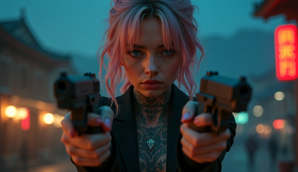 tatuados,Very beautiful big breasts、business suit、(Hold two Berettas in each hand)(Very large bust),(Many tattoos on both arms and neck)、 (Late Night in Seoul(South Korea) - A fusion of ancient palaces and modern cities),Candlelight only,Very detailed, 18-year-old, A beautiful woman,Depressed face, Pink and silver hair,Wavy Hair, blue eyes, High resolution, masterpiece, Highest quality, Intricate details, Very detailed, Clear focus, Delicate skin, practical skin texture, texture, Delicate eyes, Professional, 8k, Sad face,despair、 Shot with Canon, 85mm, Shallow and deep, Kodak Vision Color, Exactly, Very detailed, photograph_\(Extremist\), photographpractical, practical, Post-processing, Maximum details, Roughness, Real Life, Extremist practical, Photorealism, photographgraphy, 8k ウルトラ HD, photographgraphy