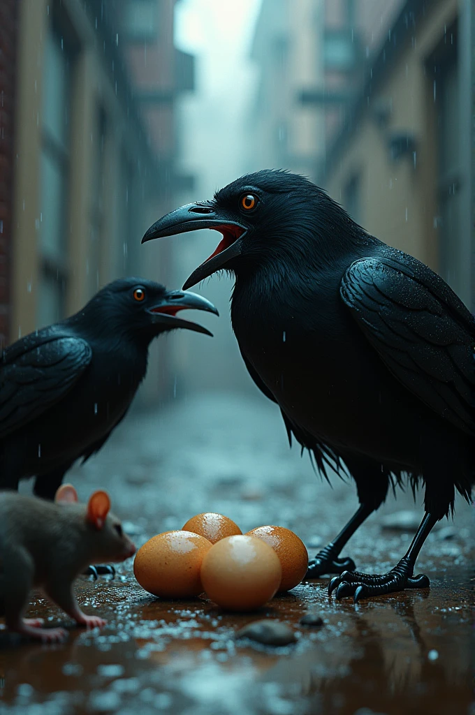 SeaArt Bot Txt2Img Studio A black coctail fighting over its eggs from a crow with a rat in the rain