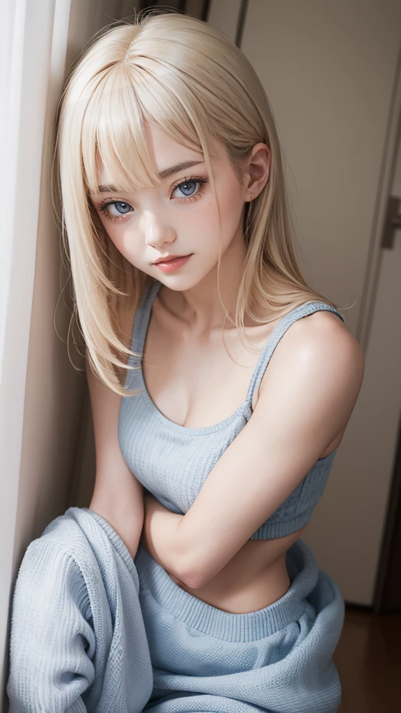 Create an 18 year old girl, hyper-realistic and detailed face, hyper-realistic and detailed hands, hyper-realistic and detailed female feet, hyper-realistic and detailed toes, hyper-realistic and detailed toenails, hyper-realistic and detailed body. , Beauty work, blonde, straight blonde hair, super long blonde hair, Of course. Blue eyes, some small freckles, Pale skin, small breasts, Runner's body (thin hips, thin waist: 1.25), detailed skin, Shy smile (full body: 1.1), (Action shot kneeling with hands on the ground in front of her: 1.25), wear shorts or miniskirt. blouse with buttons on the sleeves, buttons unbuttoned and open, short plain skirt, uniform, 24mm, 4K textures, soft cinematic lighting, raw photography, photorealism, photorealistic, intricate, elegant, highly detailed, sharp focus, ((( ( hyper realistic look )))), Soft tones, crazy details, Intricate details, hyper detailed, Low contrast, soft cinematic lighting, muted colors, Exposure blending, hdr, faded