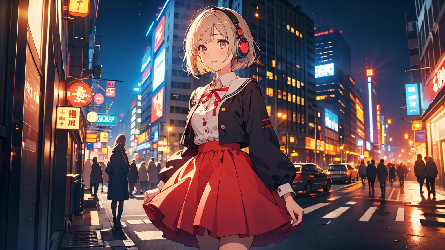 (best quality), ((masterpiece)), (highres), illustration, original, extremely detailed, 1girl, game cg nishikigi chisato, bob cut, hair ribbon, headphones, lycoris uniform, two-tone dress, red dress, grey dress, neck ribbon, long sleeves, look at claw machine, teddy bear, furrowed brow, cityscape, night sky, neon signs, chiaroscuro