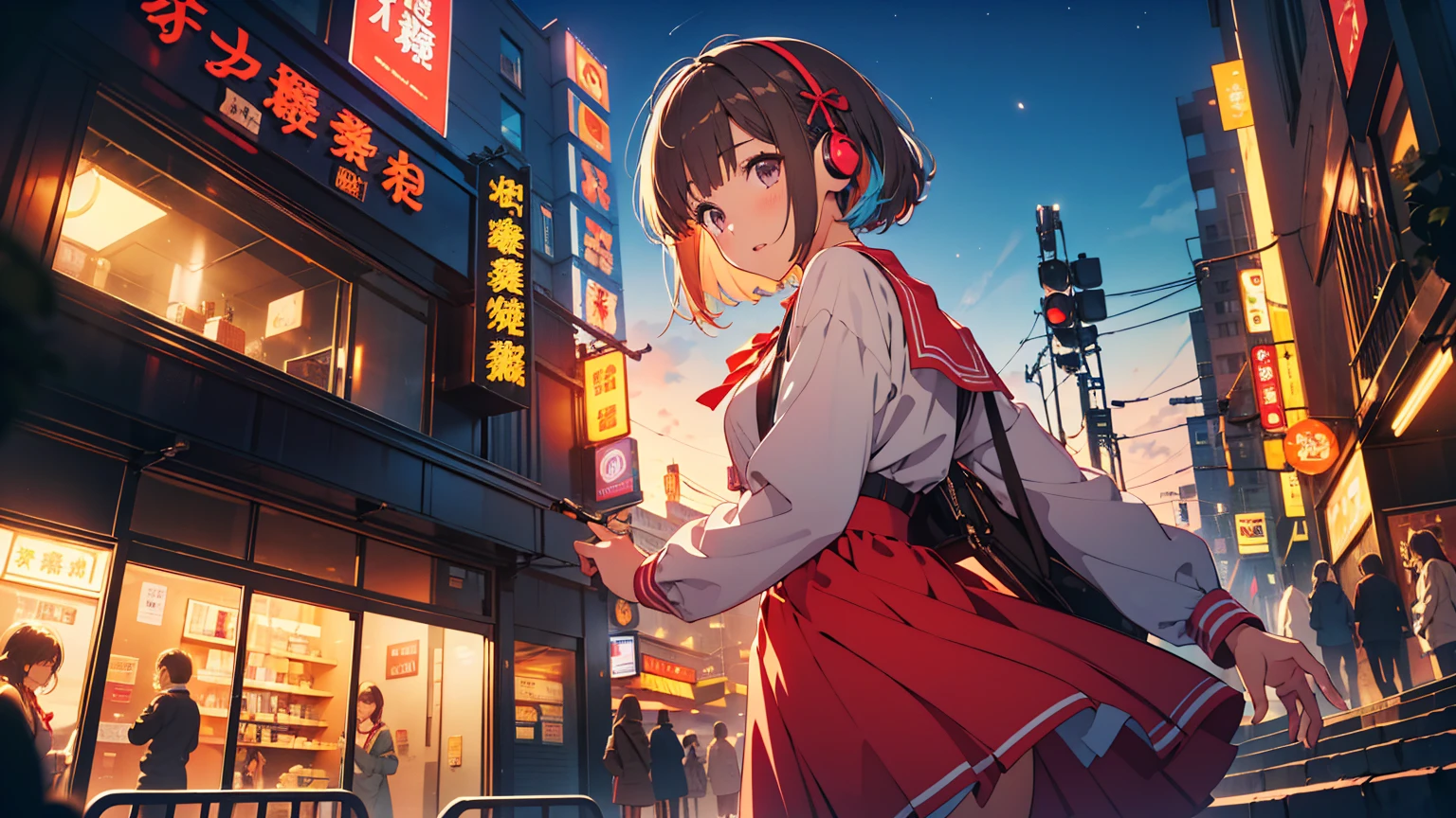 (best quality), ((masterpiece)), (highres), illustration, original, extremely detailed, 1girl, game cg nishikigi chisato, bob cut, hair ribbon, headphones, lycoris uniform, two-tone dress, red dress, grey dress, neck ribbon, long sleeves, look at claw machine, teddy bear, furrowed brow, cityscape, night sky, neon signs, chiaroscuro