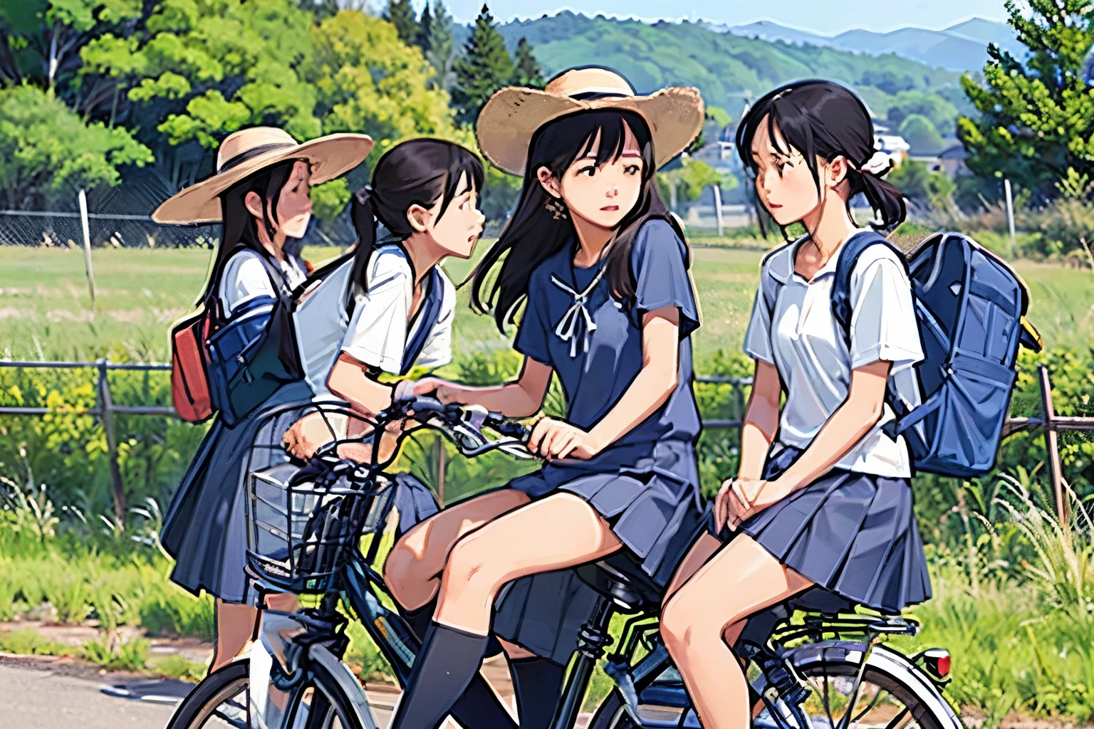masterpiece, Highest quality,plural, Three Girls, (Playing with a bike)、Insect removal、Insect removal編み、Sandals, Black Hair, short hair、Long Hair, Hair ties, hair band, hair ornaments, Straw hat、Shorts, skirt、dappled daylight、Outdoor, nature, wood々、 Grassland、countryside、Suburban、