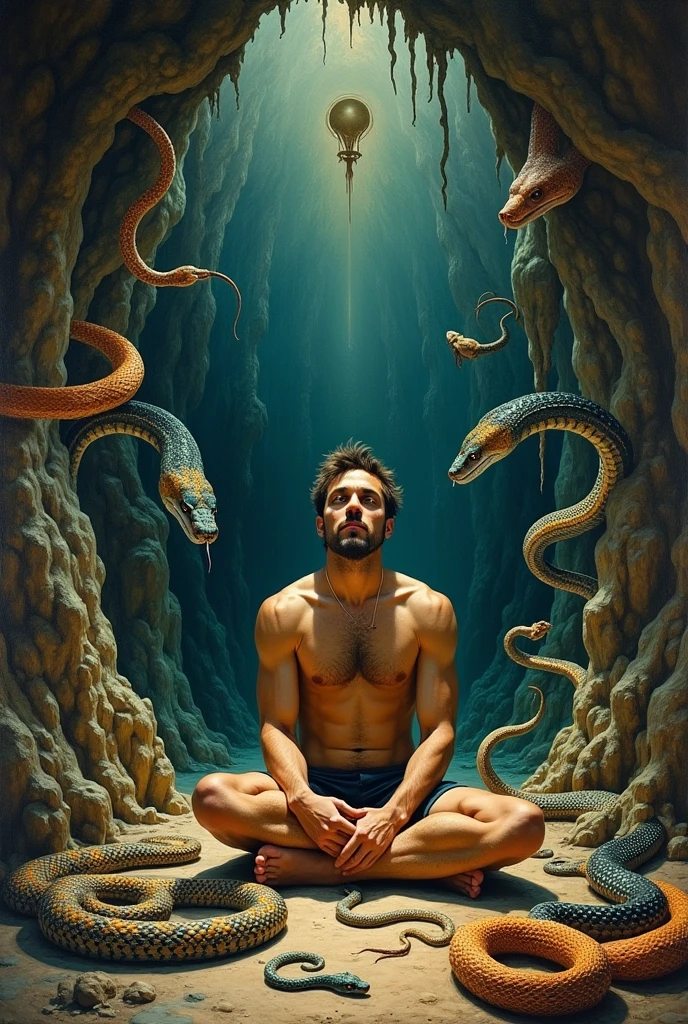 a painting of a man sitting in a cave surrounded by snakes, a surrealist painting by the Brothers Hildebrandt, tumblr, psychedelic art, virgil finlaytim hildebrandt, hildebrandt, fantasy artrealistic painting, greg hildebrandt highly detailed, style of tim hildebrandt, dmt god, mythology artwork, occult abiogenesis, oil canvas of lucifer