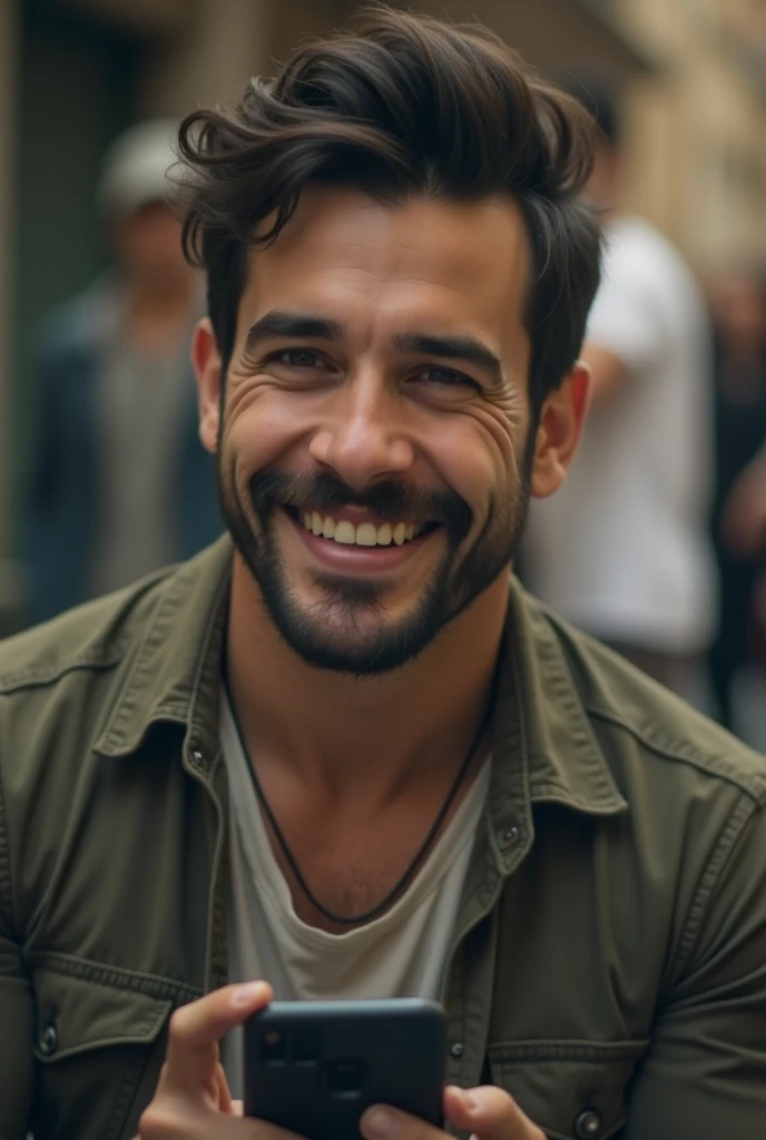 Spanish guy with beard and mustache, very handsome man with a charming and deep look, photos hyper réaliste, dressed in black pants, un t-shirt de couleur blanc, holds a phone in his hands and laughs, background images : a street with people behind, photos de la tête aux pieds
