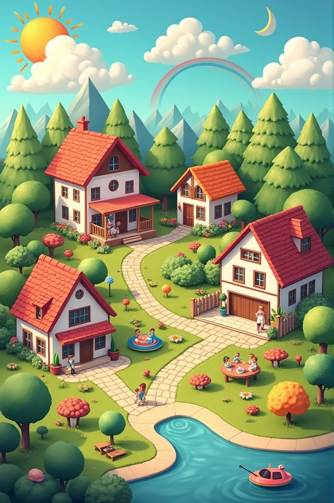A realistic image that has 3 houses, 2 properties, 5 trees, 10 flores, 6 different animals, 3 means of transport, 2 plates, 1 mesa, 1 chair, 3 positions, 1 rio, 2 slippers, 1 rug, 1 shelf, 1 tv, 1 radio, 1 phone and 5 different toys, 2person, 1 fence, 5 clouds,1 sun or moon, 1 street and a rainbow or 10 stars