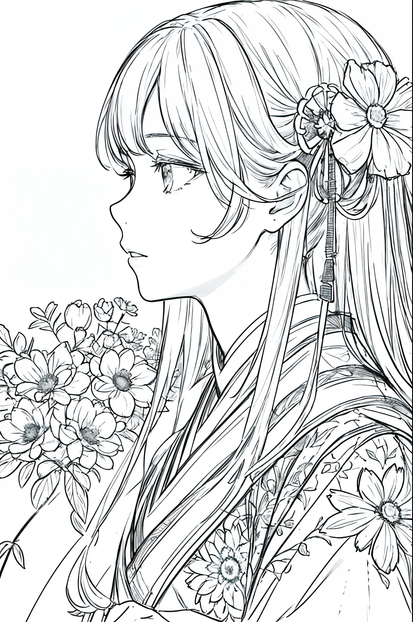 masterpiece, acura, 1girl, solo, hanfu, bow hair, profile portrait closeup, flower line drawing background, white background, monochrome, line drawing, ((sketch))