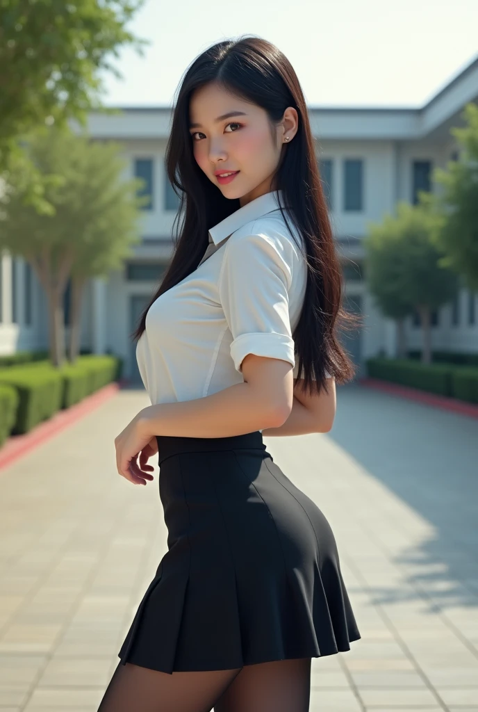 Young woman, Twenty years old, Black hair, beautiful face, Asian style, Fair Skin, Big breasts,Thin waist, Big butt, Wearing teacher's uniform, Wear black stockings, behind school, Realistic style