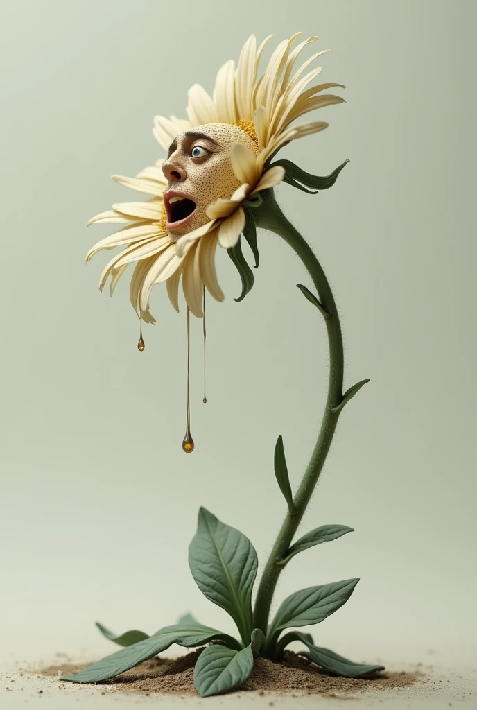 Create a daisy with an extreme pain face facing up, in right profile and bending to the ground as it withers. Bending its stem so that the face faces upwards. that is to say, that the stem is stuck to the ground, its leaves are falling, your ca looking up, similar to when a human slips and falls backwards bending to the ground 