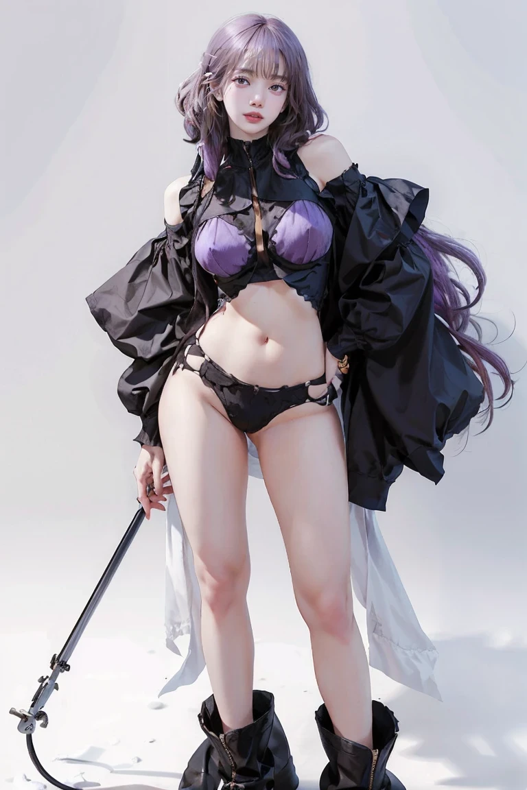 Masters of Animation, A perfect masterpiece, On a snow-white background、Cool Outfits, Sexy and modern clothing、Sexy mature modern woman standing, Flowing purple hair, Spanish Curly Hair, Full Body Stand Posture, Thin legs, ((Large Breasts)), Detailed facial details, Natural and beautiful standing posture, Crisp and realistic body detail,(Browsing Caution:0.9)