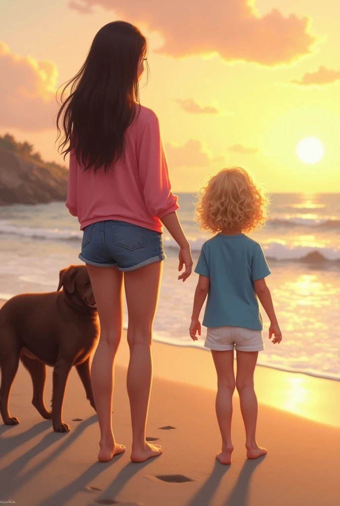 Create a light brown woman image, long straight brown hair, she is wearing jean shorts and a pink blouse, She has her back. One of three years, blond, curly and messy hair, wearing blue shirt and white shorts. A chocolate colored labrador, adult size. Everyone is on the sand at the beach at sunset.