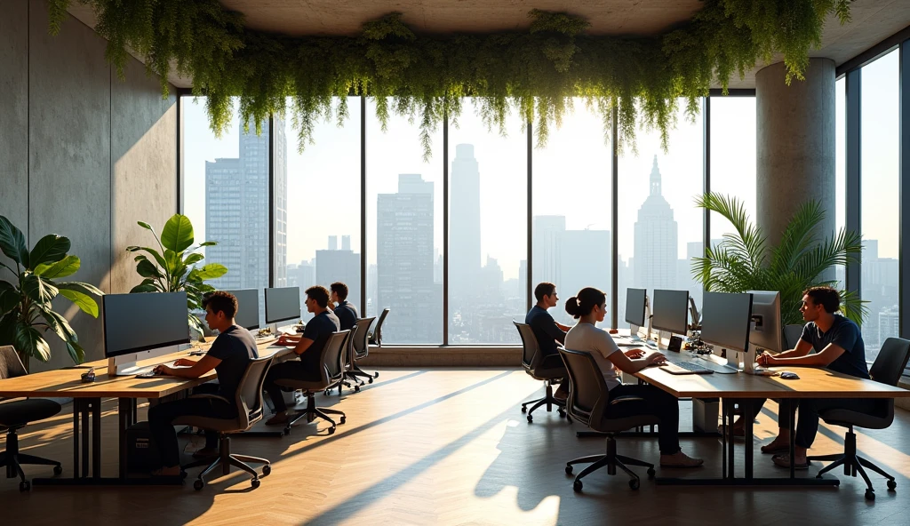 High-quality photograph of a web design studio with a modern minimalist design. The interior includes concrete, Wooden elements, plants and panoramic floor-to-ceiling windows. The office is located on the 81st floor in New York.. A couple of tables with monitors and chairs. Programmers and designers are at their workplaces. Each person has their own individual work place that reflects their personality and is different from others.. The rule of composition is the golden ratio. Photo size 45 megapixels.