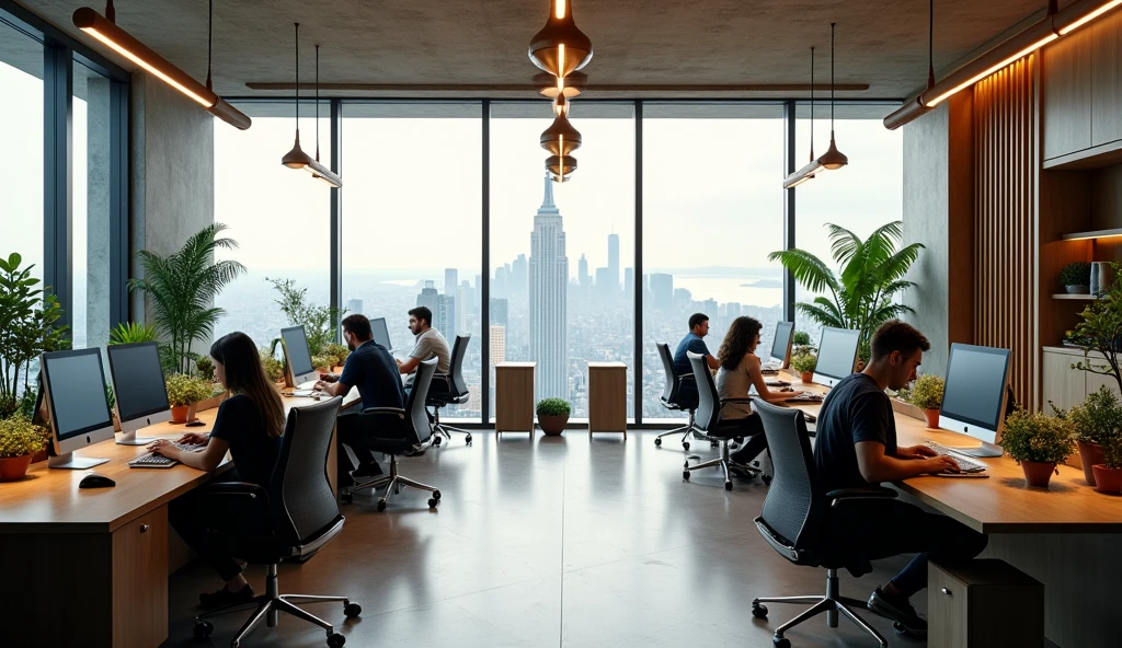 High-quality photograph of a web design studio with a modern minimalist design. The interior includes concrete, Wooden elements, plants and panoramic floor-to-ceiling windows. The office is located on the 81st floor in New York.. A couple of tables with monitors and chairs. Programmers and designers are at their workplaces. Each person has their own individual work place that reflects their personality and is different from others.. The rule of composition is the golden ratio. Photo size 45 megapixels.