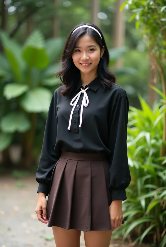 Image is a portrait-style photograph featuring a filipina 20 years old woman standing in an outdoor setting. She has medium-length black hair with a headband, and she is wearing a black long-sleeve blouse with a white ribbon tie at the collar, paired with a dark brown skirt. She has a light to medium skin tone and is smiling gently at the camera. She is also wearing white socks and white sneakers. and lush green foliage is visible in the background, adding a natural and serene ambiance to the scene. Realistic, 
