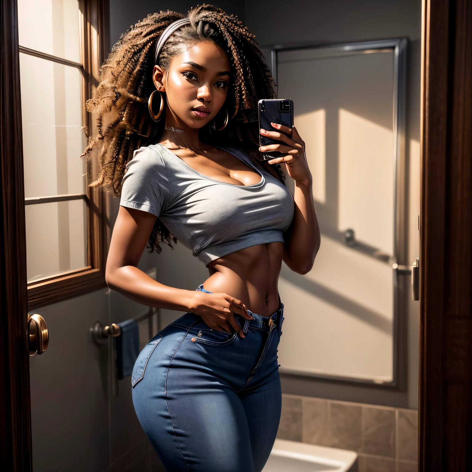 in bathroom, taking selfie, Masterpiece, high quality, 1, high resolution, volumetric lighting, subsurface scattering, 8k, Beautiful woman, (dark skin), phillipino, college student, uniform, (floral top, jeans), cleavage, wavy hair, headband, hoope earings, classroom, sexy pose, seductive pose, ((slim thick body:1.2)), thick thighs, round-butt, open mouth, big lips, Masterpiece, Professional lighting, 16k, 8k wallpaper, raw photo, photorealistic:1.8, ultra detailed, natural lighting