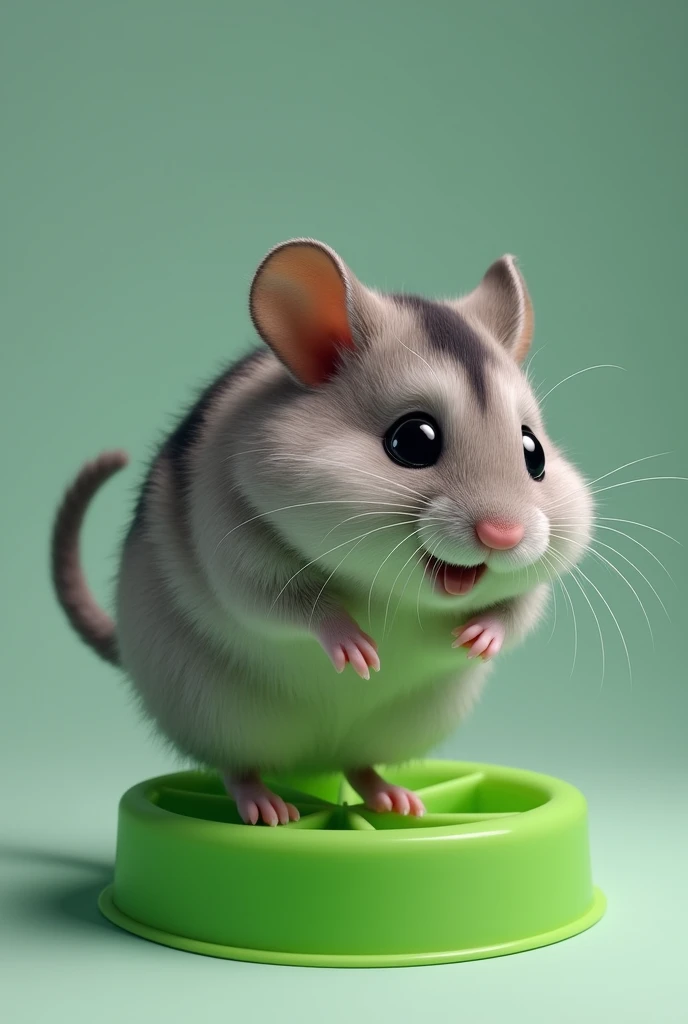 Create a picture of a gray hamster, with a black stripe on the back, chubby boy running on a green wheel, in realism