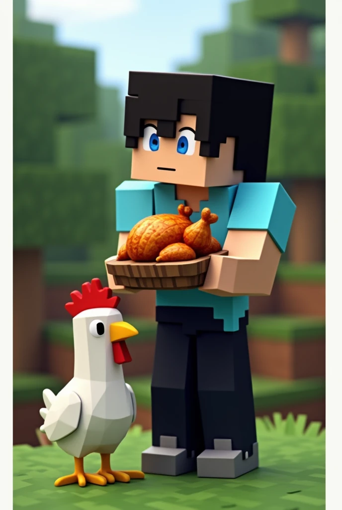 I want a Minecraft character with black hair and a blue shirt and black pants and blue eyes with a Minecraft chicken next to him and him holding a roasted Minecraft chicken. with a white border.