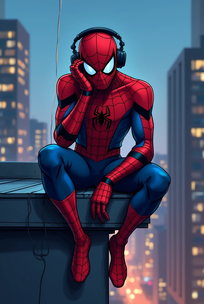 spiderman listening music ,rooftop,cartoon,fronted face,sad
