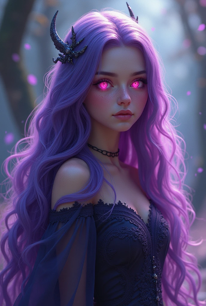 Young Witch She has long purple hair that reaches her mid-back. Her eyes are pink.