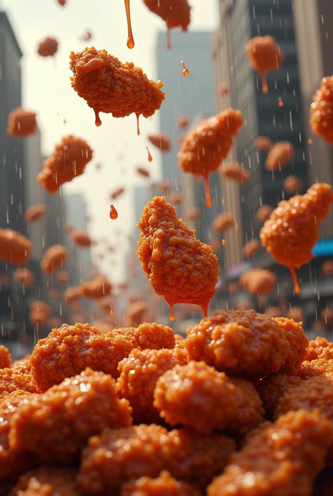 Une pluie de poulet frit avec de la sauce barbecue qui dégouline dessus tombant de partout du ciel comme de la pluie dans une ville