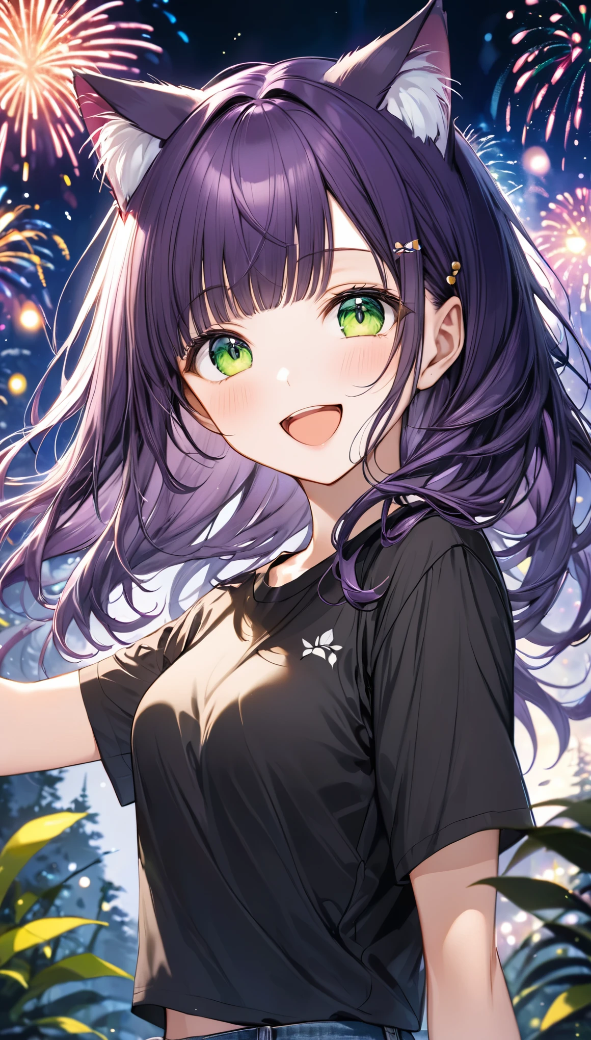 (masterpiece), best quality, expressive eyes, perfect face, solo, , cat ears,
long hair, wavy hair, blunt bangs, purple hair, green eyes, flat chest, black t-shirt, smile, open mouth, short sleeves,
forest, night, fireworks,