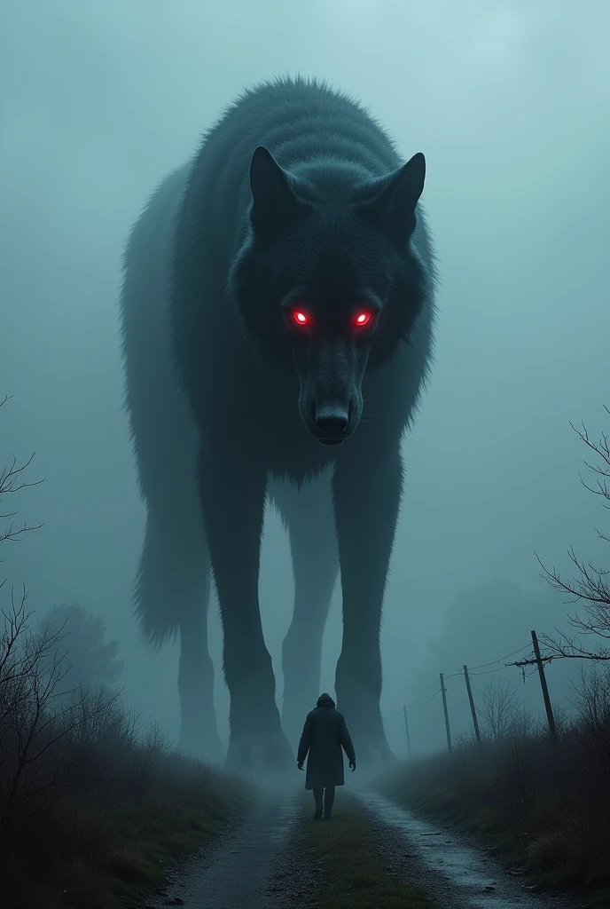 "A huge, ghostly black dog with glowing red eyes, stalking through a dark, foggy countryside at night. Its silhouette is barely visible through the mist, creating an aura of dread and fear."