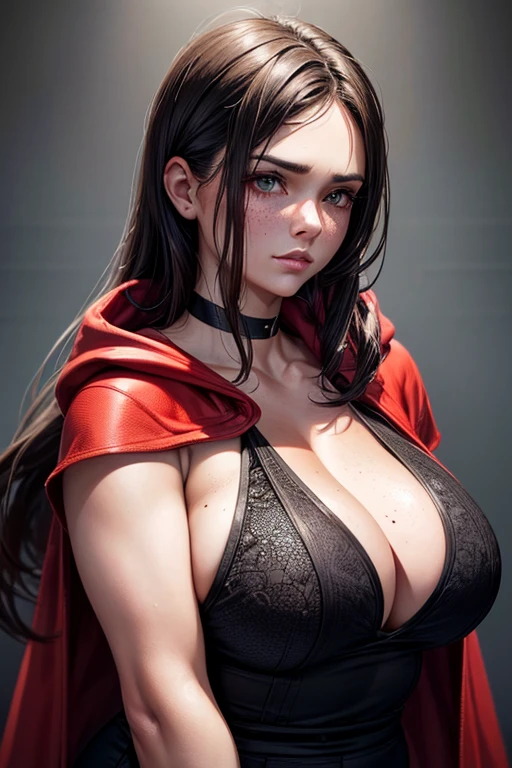 a woman in her late 30s, chubby physique, long straight dark brown hair, high ponytail, freckles, flushed cheeks, wearing a choker, large breasts, curvy figure, red hoodie, black panties, (best quality,4k,8k,highres,masterpiece:1.2),ultra-detailed,(realistic,photorealistic,photo-realistic:1.37),detailed portrait, cinematic lighting, natural skin texture, intricate details, dramatic colors, moody atmosphere, seductive pose