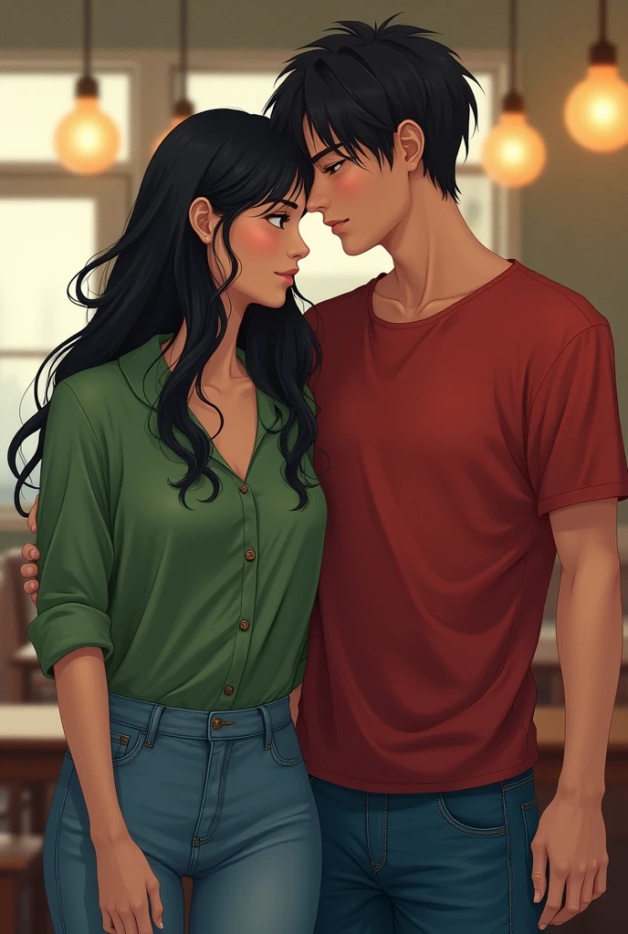 Woman with black hair with a green blouse and blue jeans plus a man by her side the man with black hair and a red shirt with blue jeans the shirts cafeteria sister auria