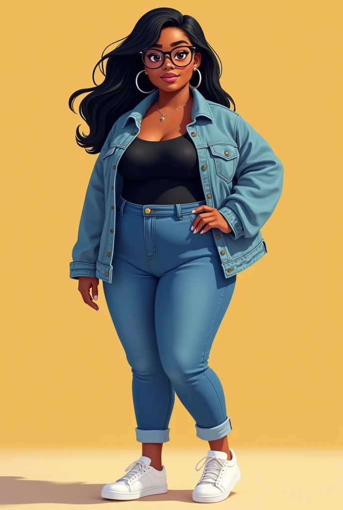 CREATE A DISNEY PIXAR DRAWING WOMAN 3 Slightly overweight BLACK SKIN WEARING RIBBON STYLE GLASSES BLACK HAIR STRAIGHT ON THE SHOULDER WEARING JEANS PANTS BLACK TOP JEANS JACKET WHITE SNEAKERS