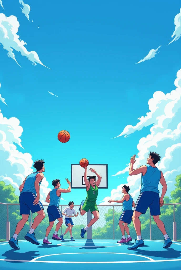 six people playing basketball, three with blue shirts and three with green shirts on a court blue sky with few clouds