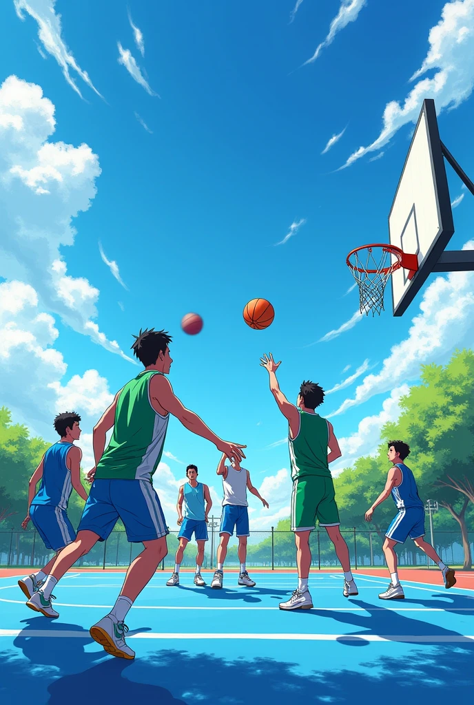six people playing basketball, three with blue shirts and three with green shirts on a court blue sky with few clouds