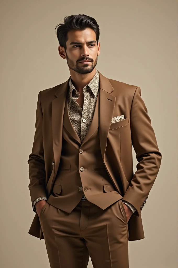 a man standing straight wearing a blazer with a classic cut, wide collar and abstract patterned shirt, which was popular in that period. The neutral brown color on the jacket combines with the contrasting pattern on the shirt, giving the impression of a vintage style but still fashionable.