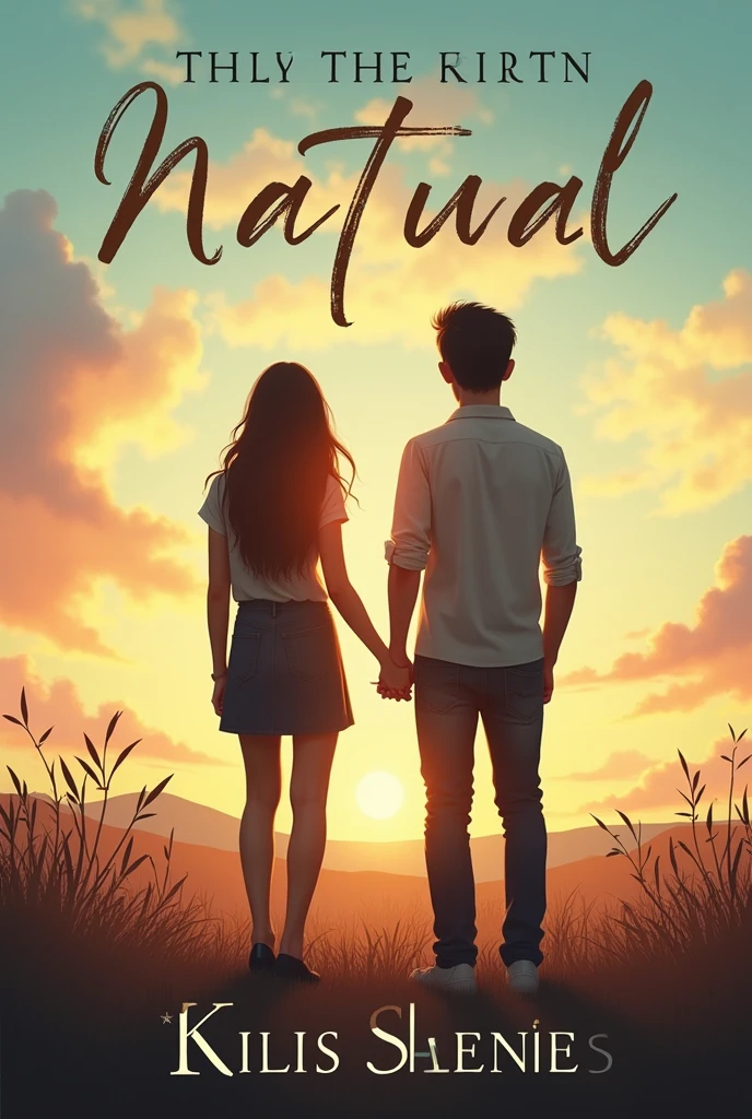 "Book cover showing a young man and a woman turning their backs on each other. Both are in a serene landscape and the sky is painted in a range of vibrant and soft colors., like a sunset. The scene conveys a sense of introspection and connection despite the physical distance.. The young man and the woman are dressed in contemporary clothing and their posture reflects a mixture of loneliness and hope.. The title of the book is at the top in an elegant and clear typeface., and the author's name at the bottom."