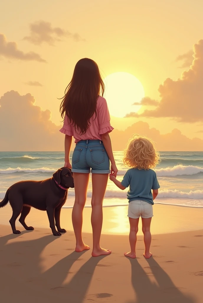 Create a light brown woman image, long straight brown hair, she is wearing jean shorts and a pink blouse, She has her back. One of three years, blond, curly and messy hair, wearing blue shirt and white shorts. A chocolate colored labrador, adult size. Everyone is on the sand at the beach at sunset.