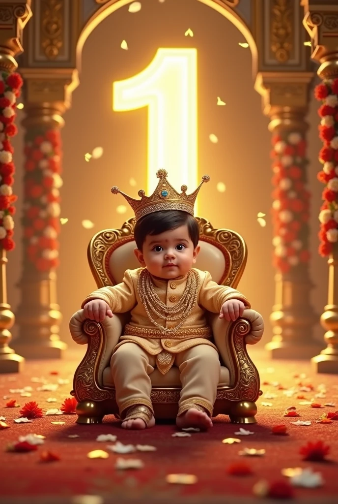 A realistic image of a cute  indian baby bPrince sitting on a throne, in very big and beautiful house and in house there are all around gold , wearing a crown and a royal attire and he is very very beautiful and gorgeous and behind the throme is a large size '1' cutout , indicating that its his first birthday. Bright, bold and colorful image, Flower garlands can be seen hanging from the palace archs, seems like a celebration time in the palace