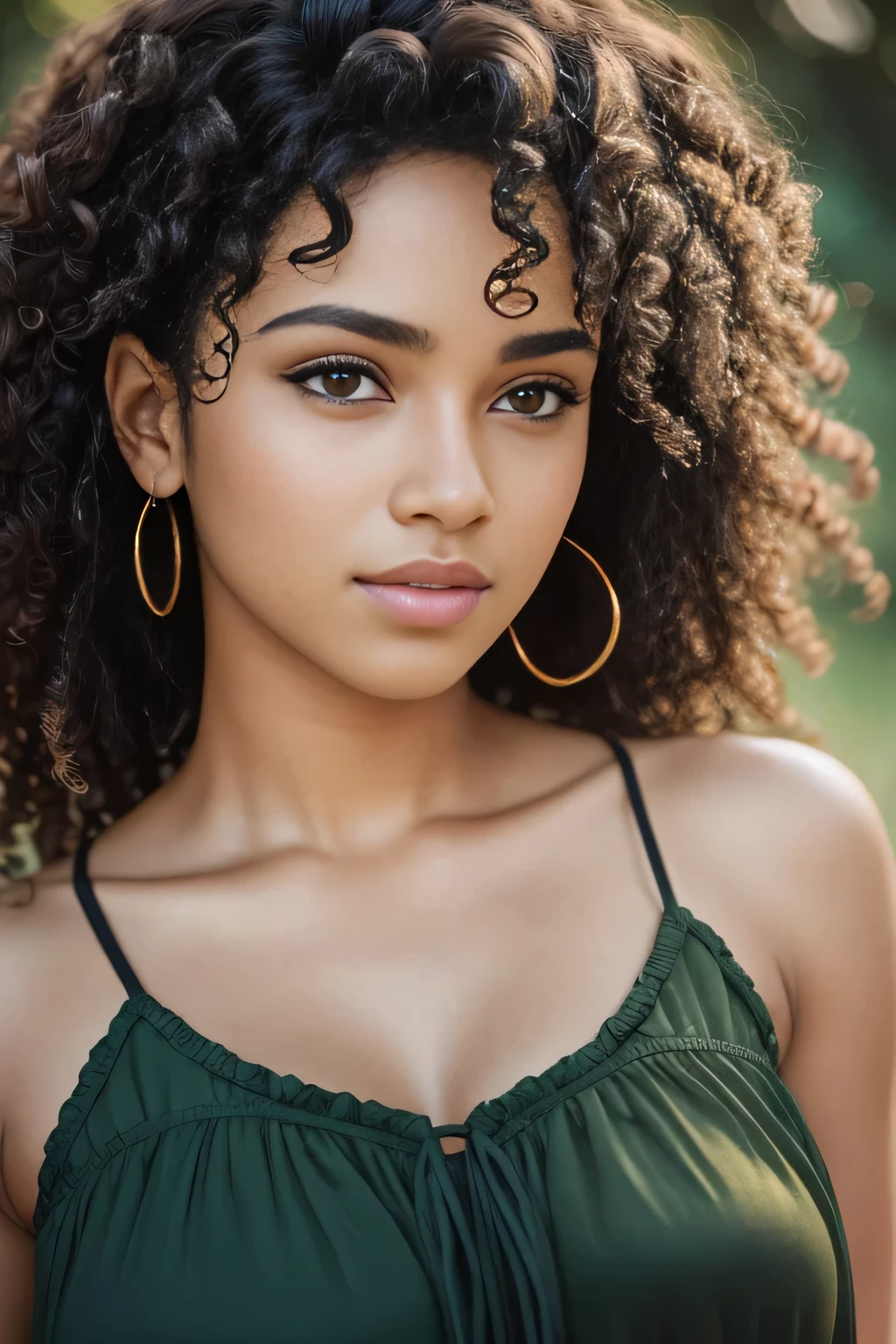 work of art. best qualityer, young man with dark skin, green eyes and curly hair posing for a photo, soft portrait photographed in 8k, beautiful young, beautiful portrait image, photo of a beautiful woman, perfect face and eyes, beautiful face portrait, beautiful young woman, beautiful portrait photo, beautiful model girl, Extremely beautiful face, very beautiful young woman, beautiful model , beautiful portrait lighting 8k uhd, dslr, high qualiy, film grain, Fujifilm XT3