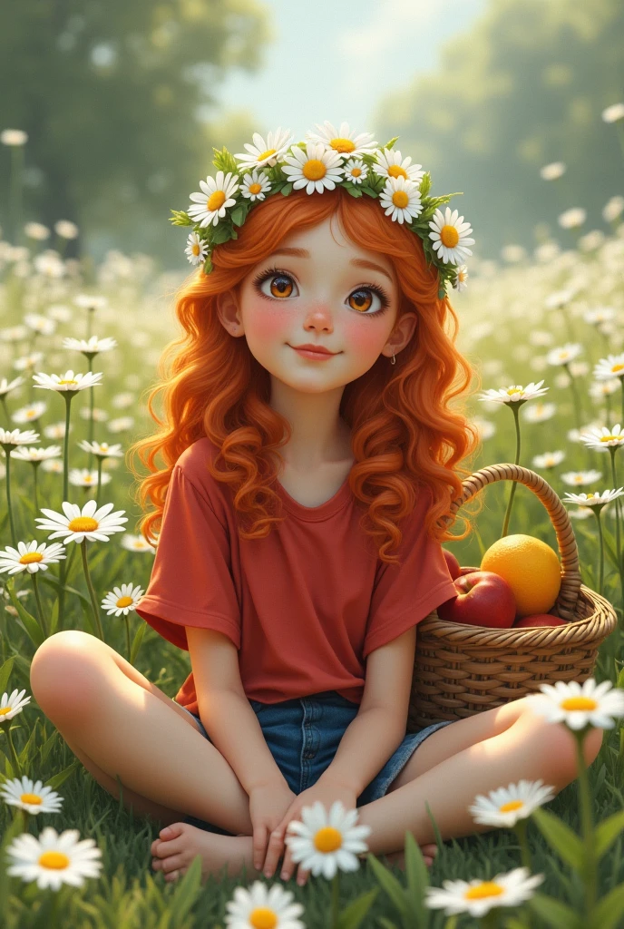 (girl:1.2),alone, (ginger long curly hair:1.1), brown eyes, Wearing a daisy wreath on your head, Sit in a daisy field, (fruit basket:1.1), blue shorts, red shirt,,raw,photographic,photo shadows,actual,Ridiculous,Aesthetic,elegant