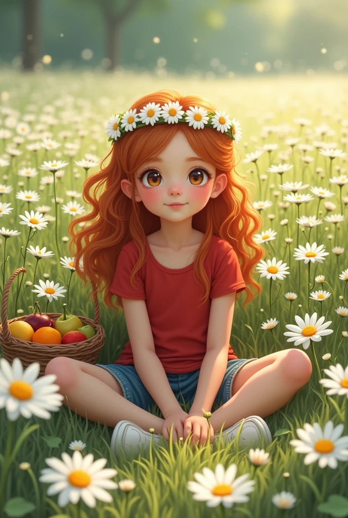 (girl:1.2),alone, (ginger long curly hair:1.1), brown eyes, Wearing a daisy wreath on your head, Sit in a daisy field, (fruit basket:1.1), blue shorts, red shirt,,raw,photographic,photo shadows,actual,Ridiculous,Aesthetic,elegant
