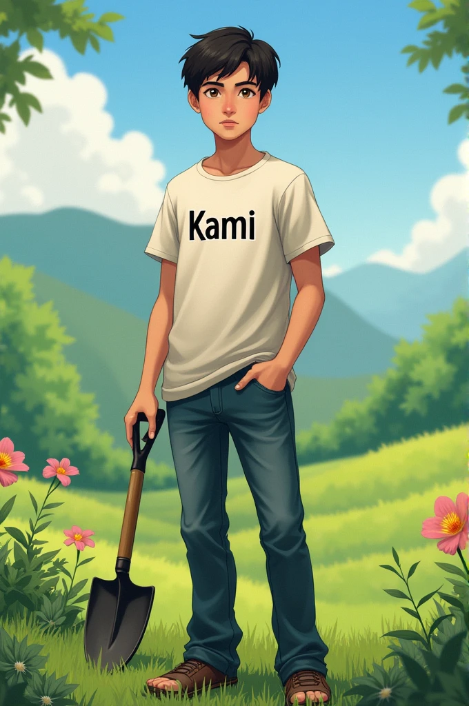 22 year boy is stand in the ground with garde and write name of "kami"on his shirt