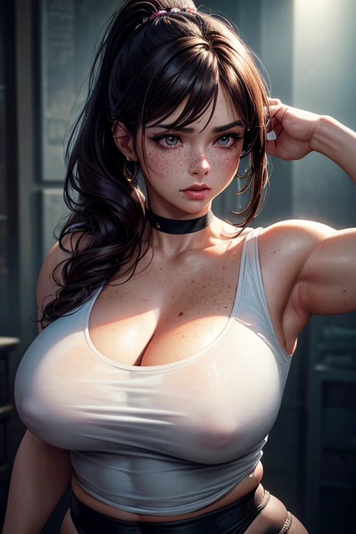 a woman in her late 30s, chubby physique, long straight dark brown hair, high ponytail, freckles, flushed cheeks, wearing a choker, large breasts, curvy figure, tied white t-shirt (braless), purple leggings (best quality,4k,8k,highres,masterpiece:1.2),ultra-detailed,(realistic,photorealistic,photo-realistic:1.37),detailed portrait, cinematic lighting, natural skin texture, intricate details, dramatic colors, moody atmosphere, seductive pose