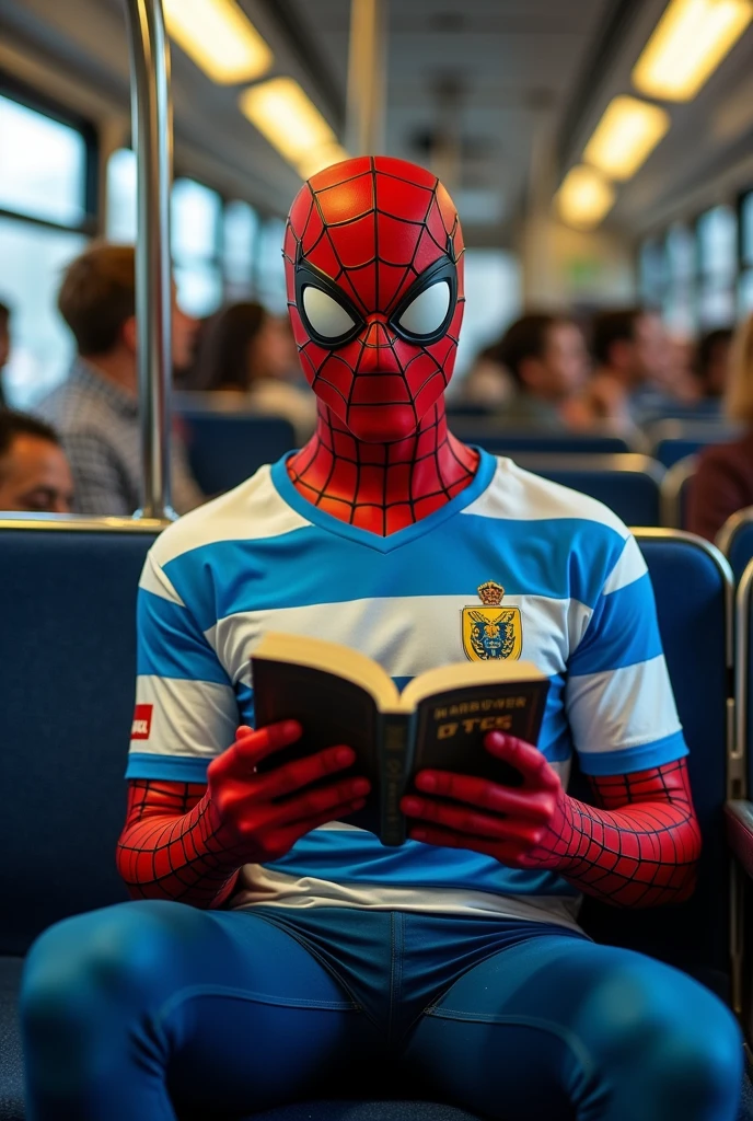 Spiderman wearing Uruguay&#39;s jersey on a bus reading Harry Potter 