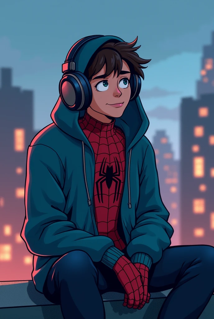 spiderman listening music ,rooftop,cartoon,fronted face,sad,hoodie