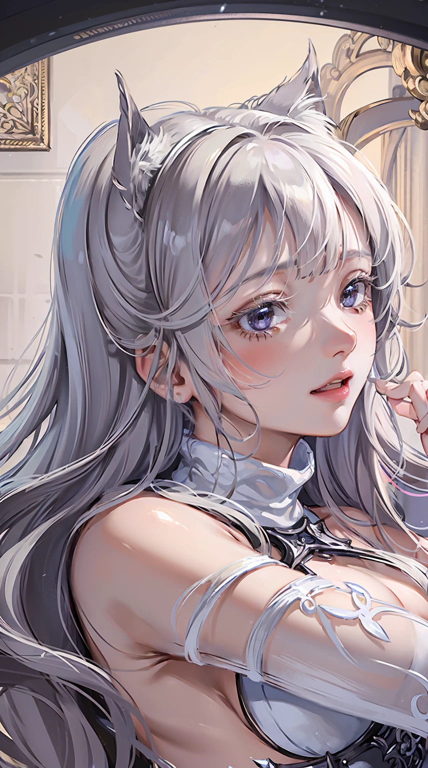 ((best quality)), ((masterpiece)), ((Romance Fantasy)), ((illustration)), (detailed), (clear), (Perfect), 1 woman, mature, beautiful, pure, Cool smile, Long blonde hair with bangs, white skin, Silver eyes, abundant eyelashes, pretty lips, D-cup breasts, small waist, Black turtleneck, black gloves, Swinging a sword straight ahead, Dynamic Effects, Visual effects of wind