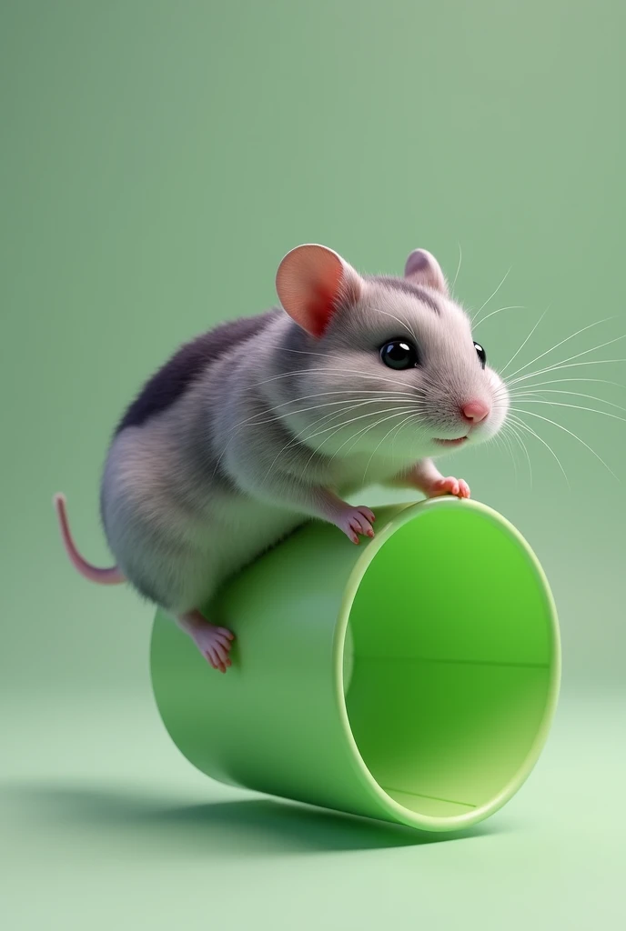Create a picture of a gray hamster, with a black stripe on the back, running on a green wheel, in realism
