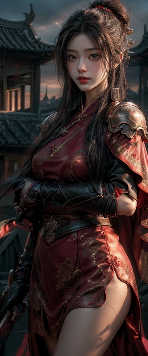 ((work of art, Maximum quality, high resolution, photorrealistic, CRU, 8 k wallpaper)), A female swordsman in Chinese clothes, Hero of the Three Kingdoms, (A large sword is held with both hands), She has long black hair tied back, wears iron armor and a red cape, Surrounded by enemy soldiers with a burning city in the background,