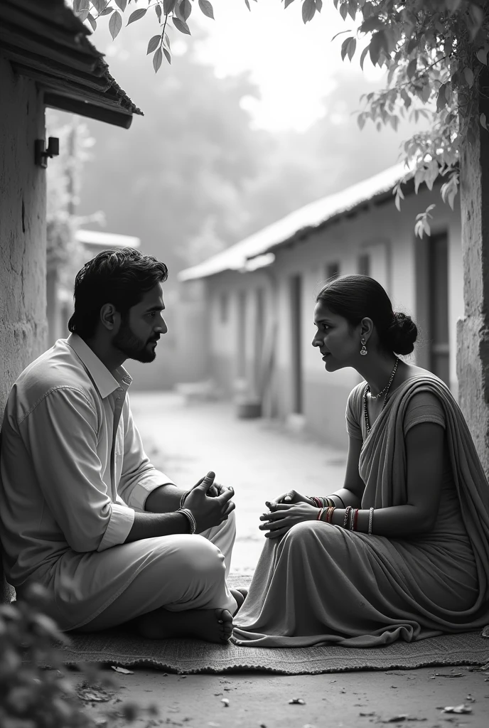 A man he set in his house with wife. he discuss for anything. Environment in Indian village village. Bg black and white
