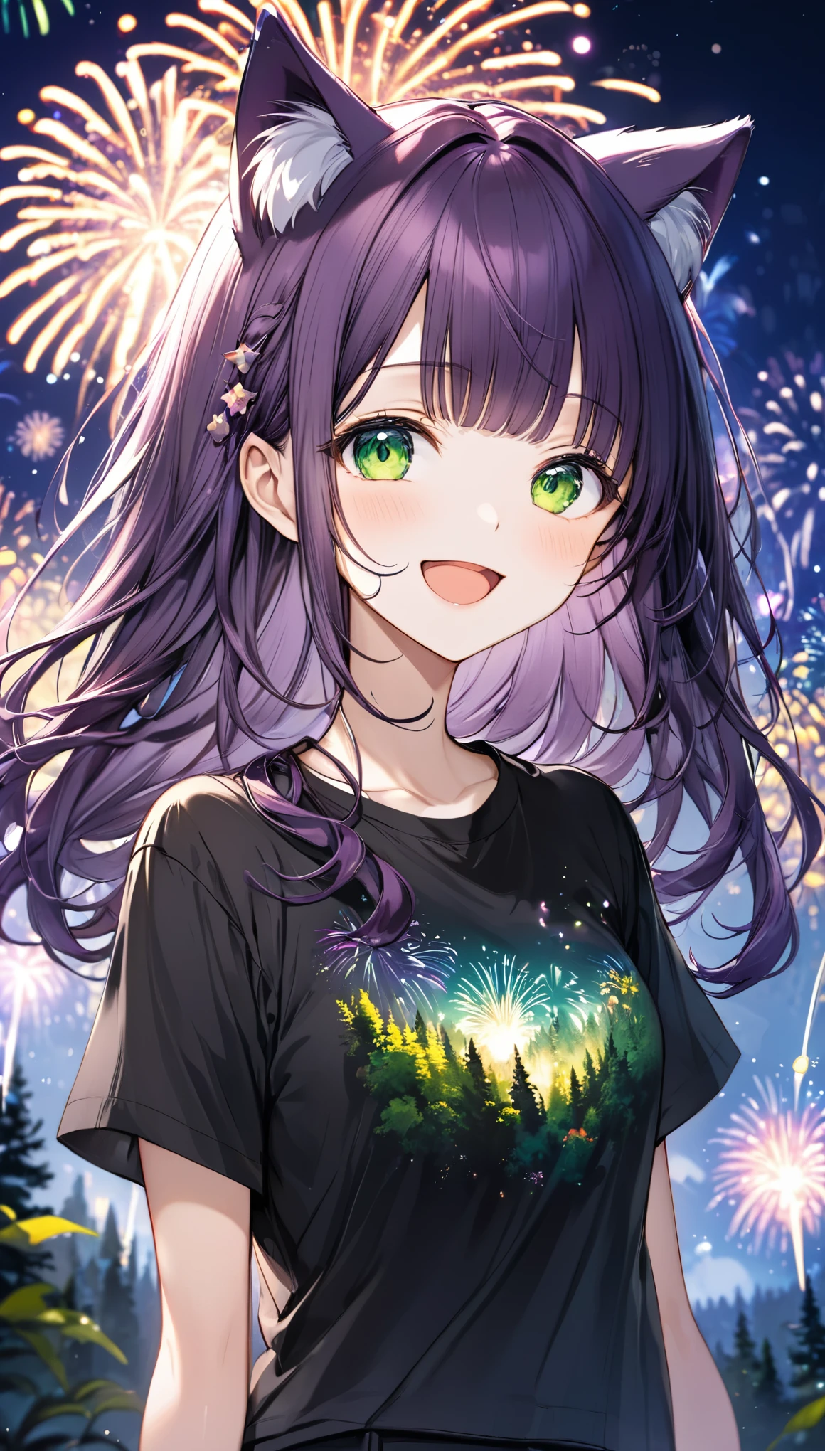 (masterpiece), best quality, expressive eyes, perfect face, solo, , cat ears,
long hair, wavy hair, blunt bangs, purple hair, green eyes, flat chest, black t-shirt, smile, open mouth, short sleeves,
forest, night, fireworks,
