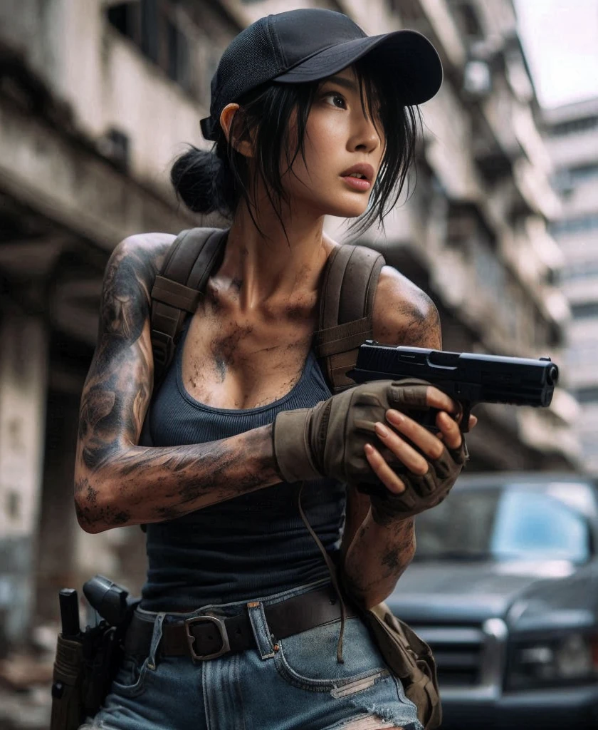 8k,Realistic Photo、Realistic Skin Texture、Superrealism、Japanese women living in America、General citizens、Civilian、Tattoo、cap、jeans、Short sleeve shirt、Beauty、American cityscape、Old building、Pistol、Covered in scars、It is dirty、muscle、The background is out of focus、Dramatic Images、Battleground、The strongest woman、Former Marine、abandoned car、Be vigilant