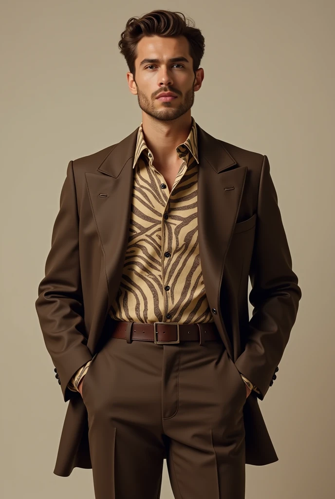 a man standing to forn straight wearing a blazer with a classic cut, wide collar and abstract patterned shirt, which was popular in that period. The neutral brown color on the jacket combines with the contrasting pattern on the shirt, giving the impression of a vintage style but still fashionable.